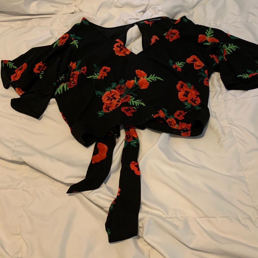 Express Black and Red Floral Crop Top